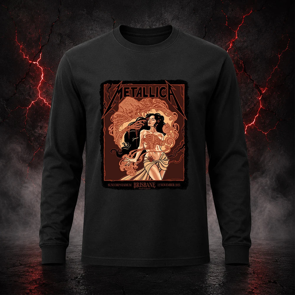 Metallica M72 World Tour November 12 2025 Suncorp Stadium Brisbane Australia T-shirt by Teniele Sadd featuring a gothic female figure, skeletal hand, ribcage detail, skull-like creature, ornate smoke forms and Brisbane event text.
